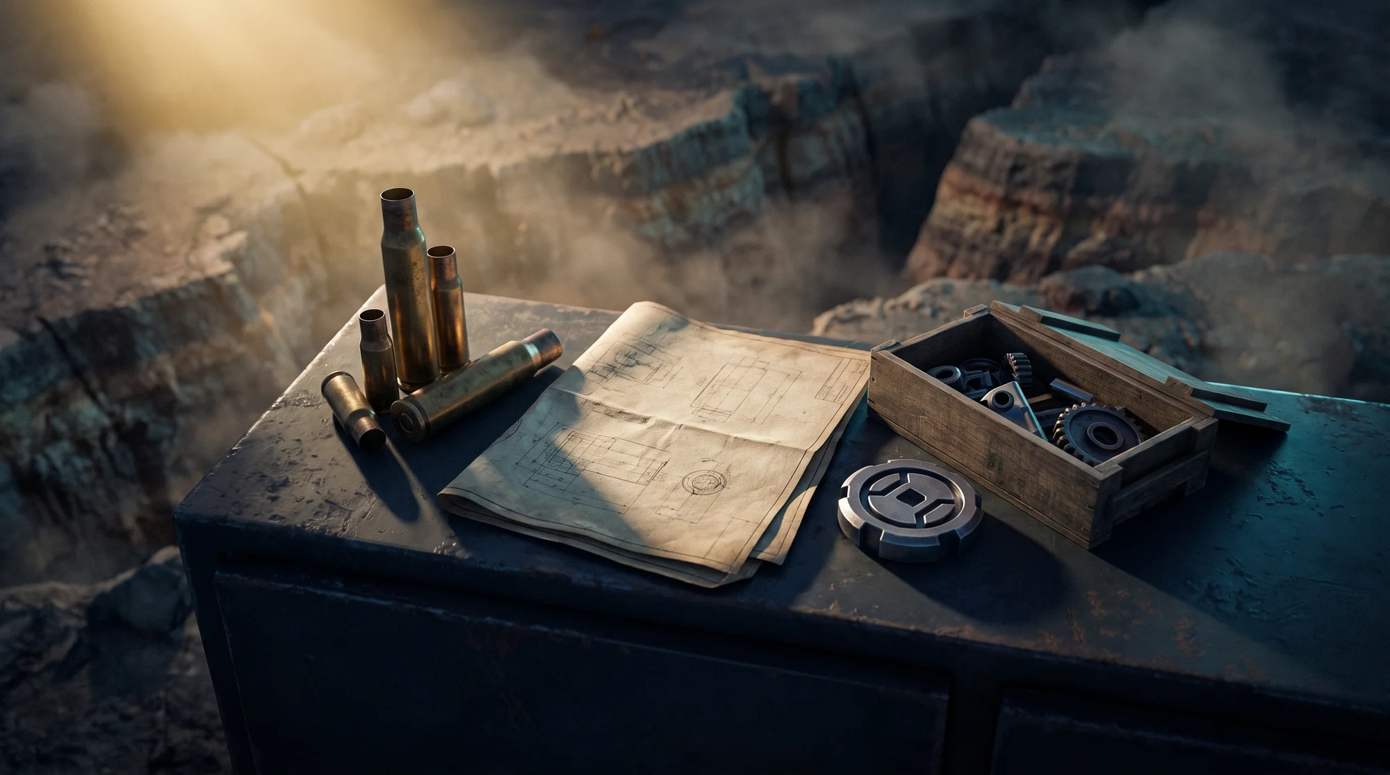 Spoils on a steel table: casings, a blueprint, a crate of parts
